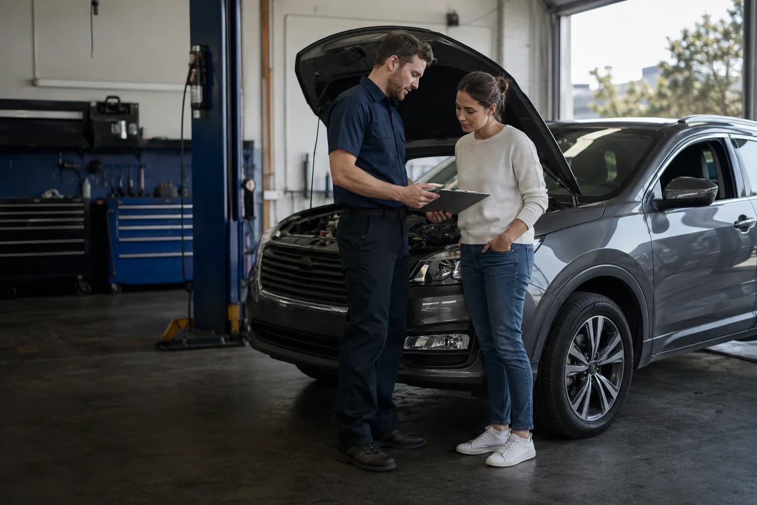 A service advisor and driver reviewing a clipboard beside a vehicle in a workshop